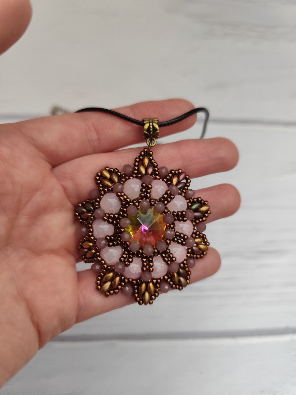 Handcrafted Pink Bead Flower Pendant Necklace - Picture 9 of 10